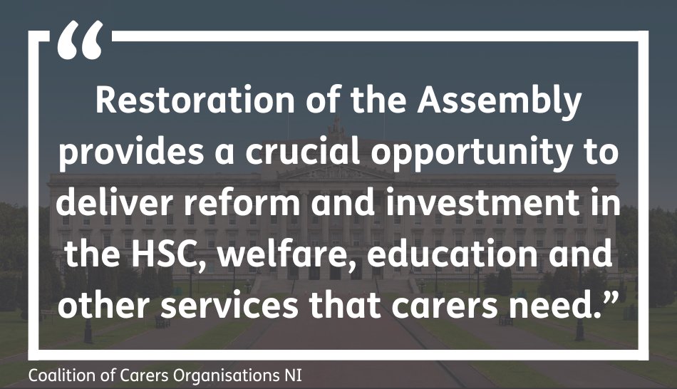 We, as part of the Coalition of Carers Organisations welcome the restoration of Stormont & call on the new Assembly to make unpaid carers, including young carers, a priority. 📑 Statement: carersuk.org/press-releases…