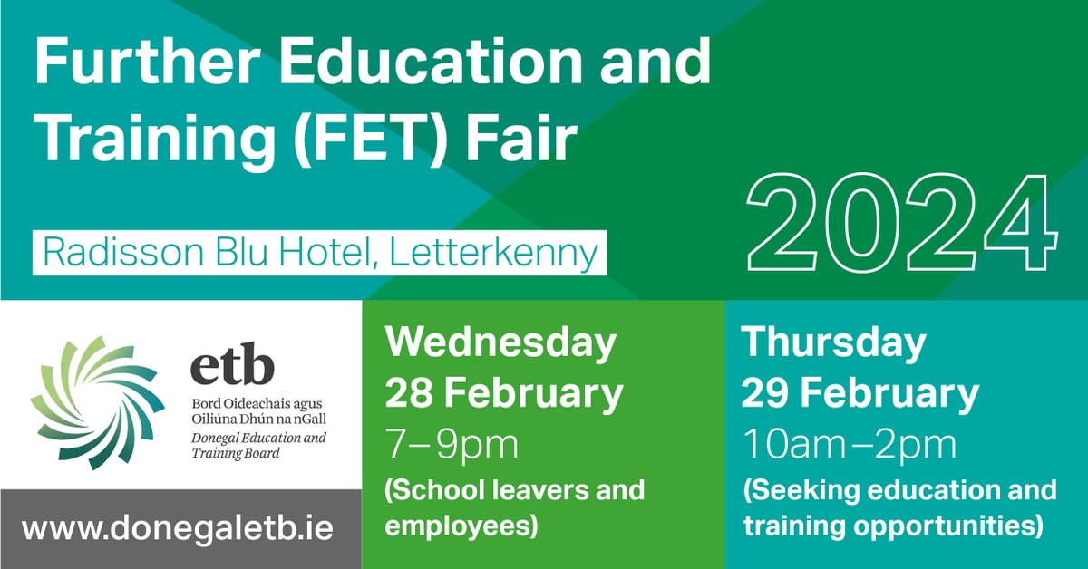 Our Further Education & Training (FET) Fair is back in @RadissonBluLK: - 28 February (7-9pm) for school leavers and those in employment; panel discussions from 7pm - 29 February (10am-2pm) for those seeking education and training opportunities #GoFurtherWithDonegalETB
