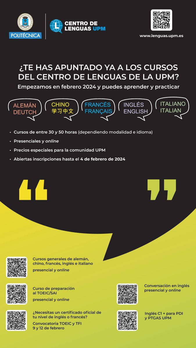 GeomaticaUPM's tweet photo. ✍️ Últimos días para Inscribirte a los cursos de idiomas que ofrece @La_UPM:

📅 Hasta este domingo 4 feb

👉Cursos de Lenguas extranjeras: https://t.co/y5X33cq2F0
👉Cursos de español: https://t.co/6mel4kmsZs

@DatopoUpm @Delegacion_UPM @dalum_etsist @daETSISI 

#idiomas https://t.co/OKA6YE41qh
