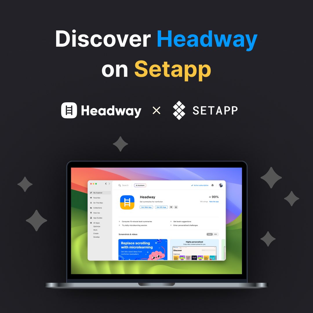 Headway is now available on @Setapp! + 1 level of productivity for its users! 💫  Try Setapp – a platform offering dozens of handpicked macOS and iOS tools for work, learning and creativity to power you up: setapp.com/apps #productivity #selfgrowth