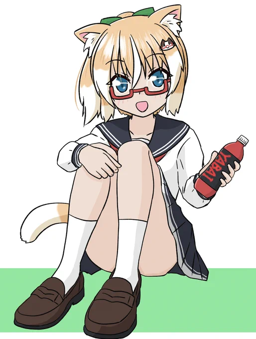 <今日は2月2日で猫の日、それはそうとこれ飲む?<…あきらかにやばそうなパッケージだね#創作 #オリキャラ#ネコとイヌとメガネっ娘 