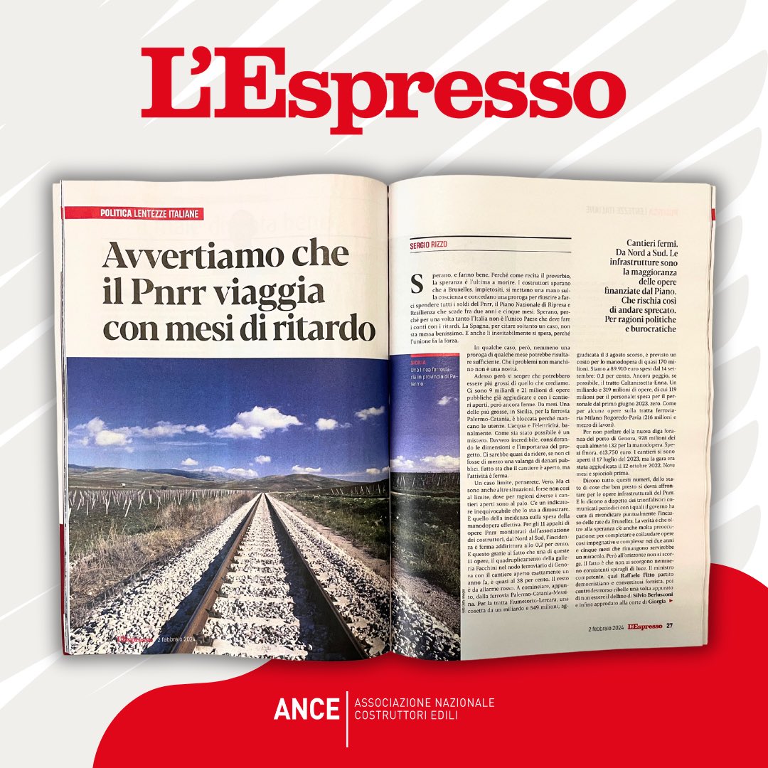 Su <a href="/espressonline/">L'Espresso</a> l’analisi di Sergio Rizzo sul #Pnrr che prende spunto dal monitoraggio #Ance 

#ANCEinrassegna