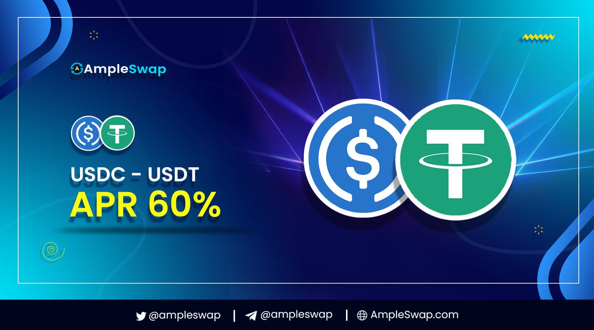 💰 Stable Farm with 60% APR 💰 Stake $USDC- $USDT to earn $AMPLE ampleswap.com/farms #AmpleSwap #DeFi #USDT #USDC