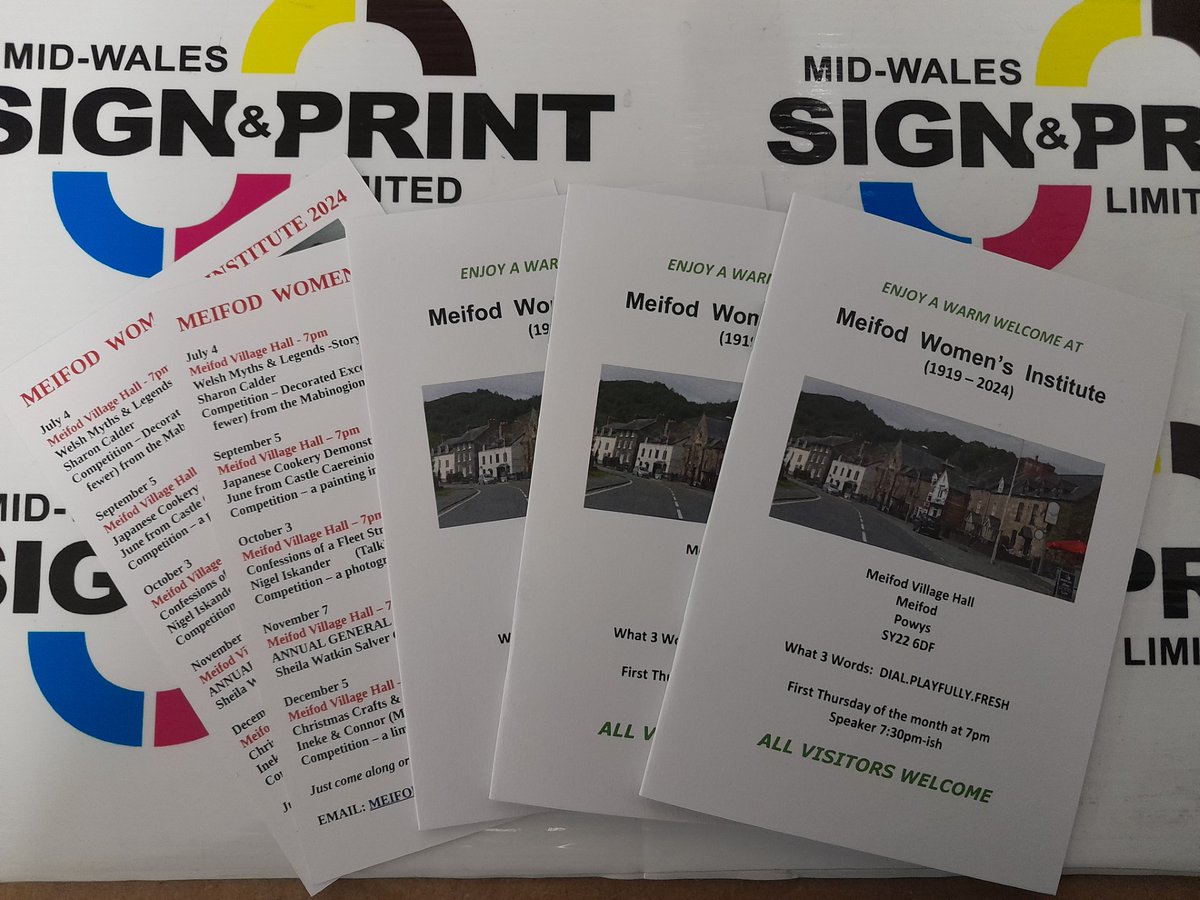 MidWalesSign&Print (@midwalessign) on Twitter photo Booklets and Programme Cards
Big thanks to Meifod WI for their print orders and best wishes for 2024.
If you have any print requirements, please give us a call on 01938 228088 or email sales@mw-signandprint.co.uk Booklets and Programme Cards
Big thanks to Meifod WI for their print orders and best wishes for 2024.
If you have any print requirements, please give us a call on 01938 228088 or email sales@mw-signandprint.co.uk