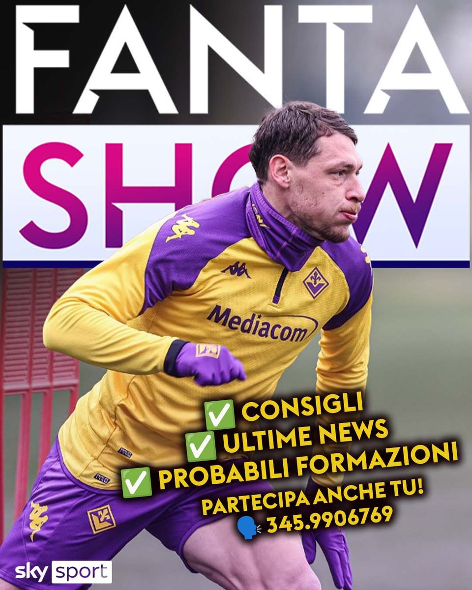 📣 Torna #SkyFantaShow
🗓 Oggi alle 1️⃣8⃣ su #SkySport 24
👥 Con
<a href="/MarioGiunta/">Mario Giunta</a>
<a href="/DavidePolizzi82/">Davide Polizzi</a>
<a href="/fains/">Valerio Spinella</a>
🤔 Dubbi sulla formazione❓
🗣️ Mandaci un messaggio vocale su whatsapp al numero 345.9906769

🔊 I migliori saranno ascoltati in trasmissione
#SkySerieA