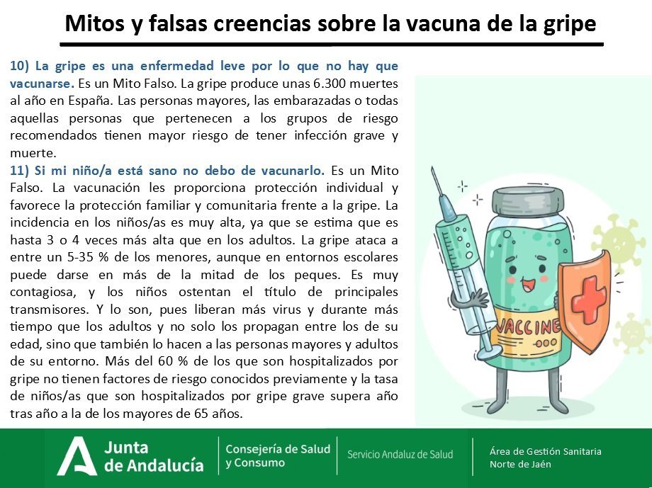 Cada año, muchas personas deciden no ponerse la #vacuna de la #gripe por diferentes #Mitos, #bulos y falsas creencias sobre la #VacunaAntigripal
Desde el Área de Gestión Sanitaria Norte de Jaén hemos recopilado las más importantes y te lo contamos en las siguientes infografías 👇
