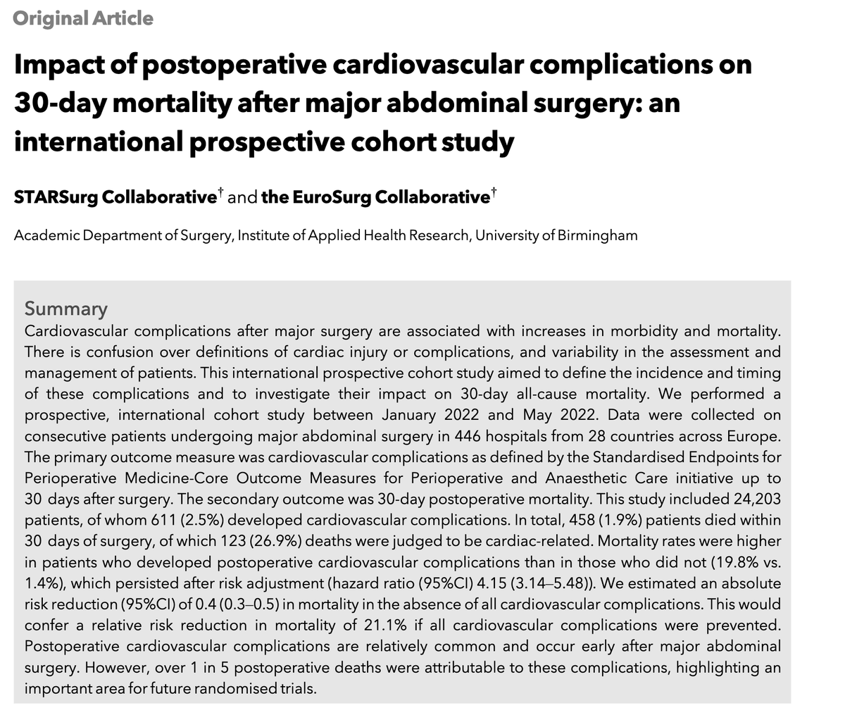 🚨@STARSurgUK - @EuroSurg #CASCADE 🚨 Very excited to share the first paper from study is now live! 🔗 doi.org/10.1111/anae.1… This cohort study included >24,000 patients across 446 hospitals in 28 countries from Europe. First time @STARSurgUK delivering a large cohort…