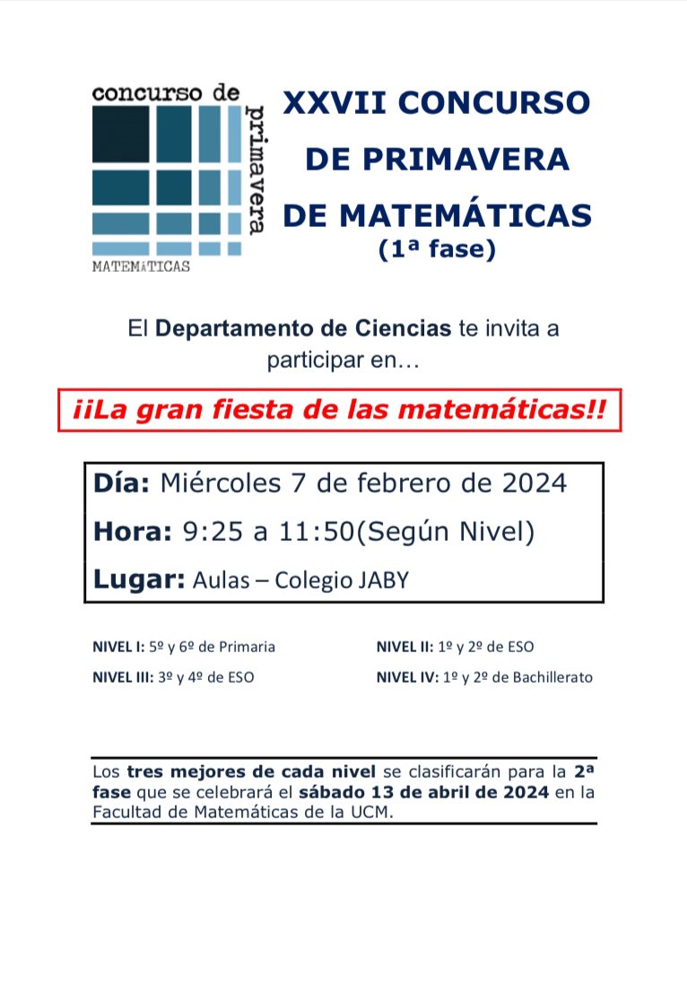 ColegioJABY's tweet photo. Preparando para disfrutar de las Matemáticas en la primera fase del Concurso de Primavera de Matemáticas. Todo nuestro centro desde 5º EP hasta 2º BACH participará en dicho evento. https://t.co/sJWRdHBJN6