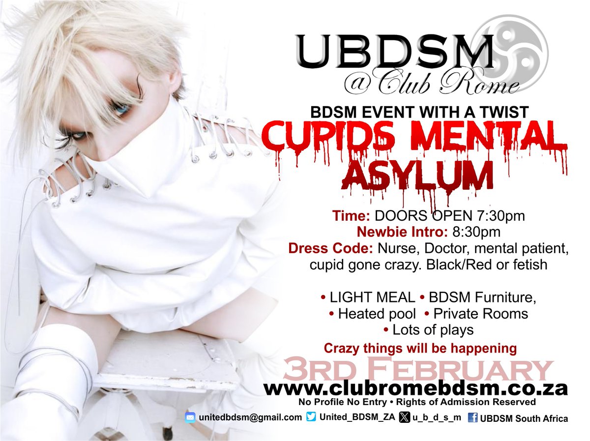 UBDSM at Club Rome - PARTY TIME TOMORROW -  Come on through everyone goes crazy for love. Book now helps me with catering and drinks! Any problems with your profile let me know!! 
Book on clubromebdsm.co.za or clubrome.co.za

 #ClubRome #bdsmevent #UBDSM