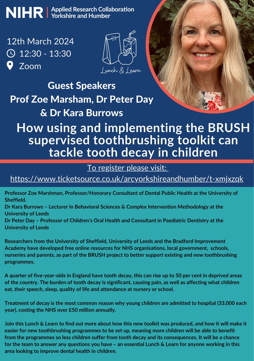 Join us on March 12th at 12:30pm for a Lunch &amp; Learn about the new BRUSH toolkit to tackle tooth decay in children. Find out more and opportunity to for Q&amp;A 🪥 Featuring <a href="/zmarshman/">zmarshman</a> <a href="/KGrayBurrows/">Kara Gray-Burrows</a> <a href="/DrPeterDay/">Peter Day</a>   Register here: ticketsource.co.uk/arcyorkshirean… <a href="/Peninsula_ARC/">PenARC (NIHR ARC South West Peninsula)</a> <a href="/Improve_Academy/">Improvement Academy</a>