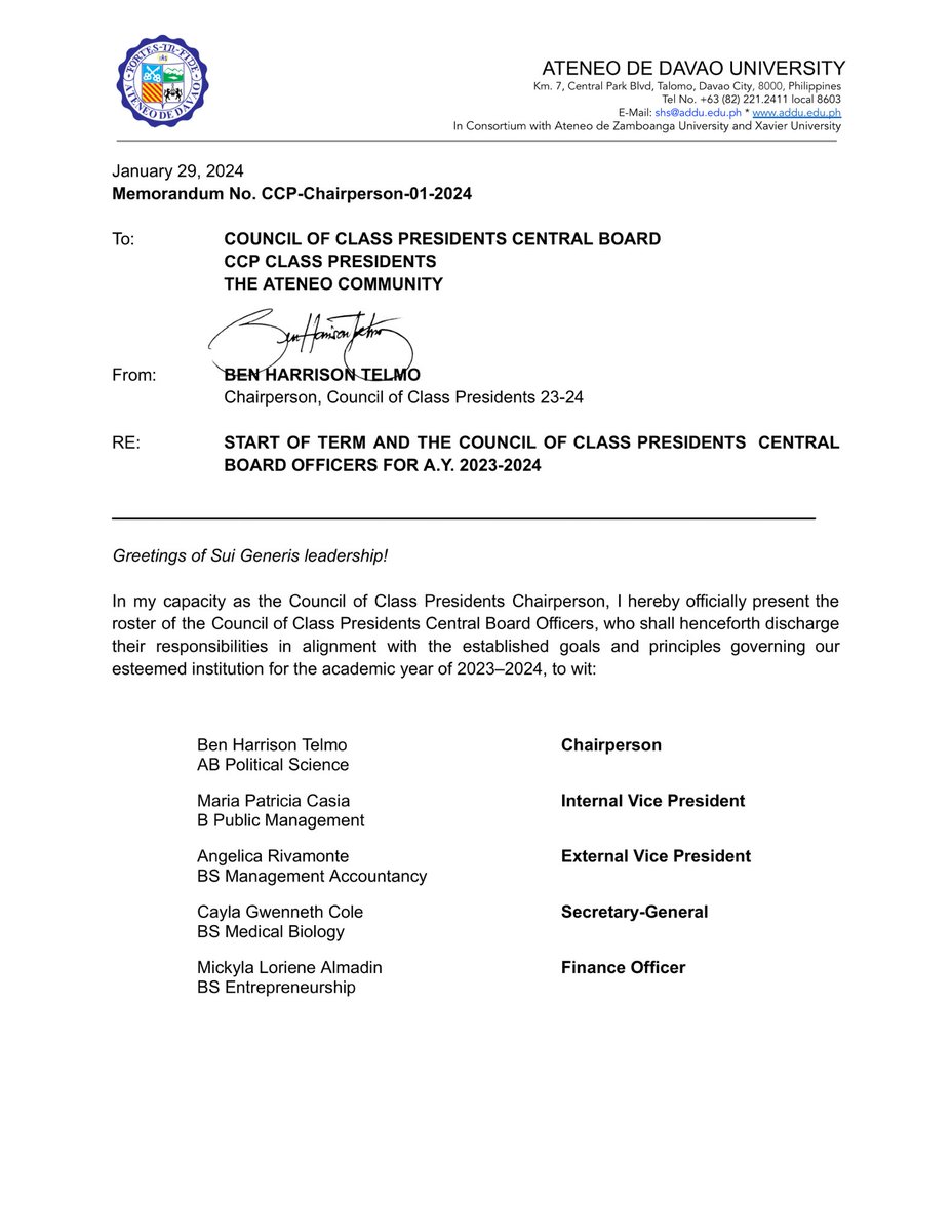 AdDU_CCP's tweet photo. MEMO | Memorandum No. CCP-Chairperson-01-2023 and Memorandum No. CCP-Chairperson-02-2023

RE: START OF TERM AND THE COUNCIL OF CLASS PRESIDENTS CENTRAL BOARD OFFICERS FOR A.Y. 2023-2024 and APPOINTMENT OF COUNCIL OF CLASS PRESIDENTS OFFICERS https://t.co/5oD9djRGRI