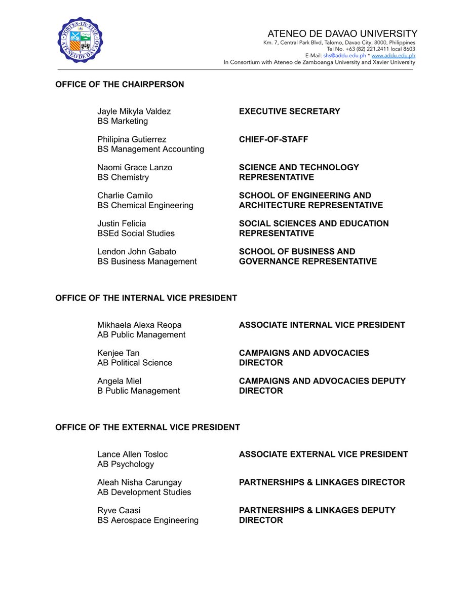 AdDU_CCP's tweet photo. MEMO | Memorandum No. CCP-Chairperson-01-2023 and Memorandum No. CCP-Chairperson-02-2023

RE: START OF TERM AND THE COUNCIL OF CLASS PRESIDENTS CENTRAL BOARD OFFICERS FOR A.Y. 2023-2024 and APPOINTMENT OF COUNCIL OF CLASS PRESIDENTS OFFICERS https://t.co/5oD9djRGRI