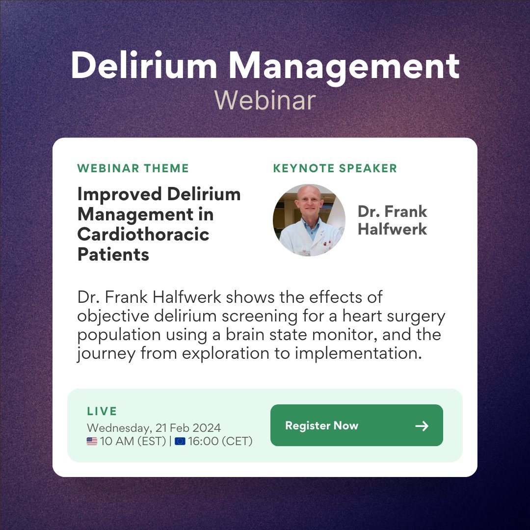 Dr. Frank Halfwerk will show the effects of objective #delirium screening for a heart surgery population using a brain state monitor and the journey from exploration to implementation. More info via: us.prolira.com/webinar-improv…

 #WDAD2024 #PersonCentredCare