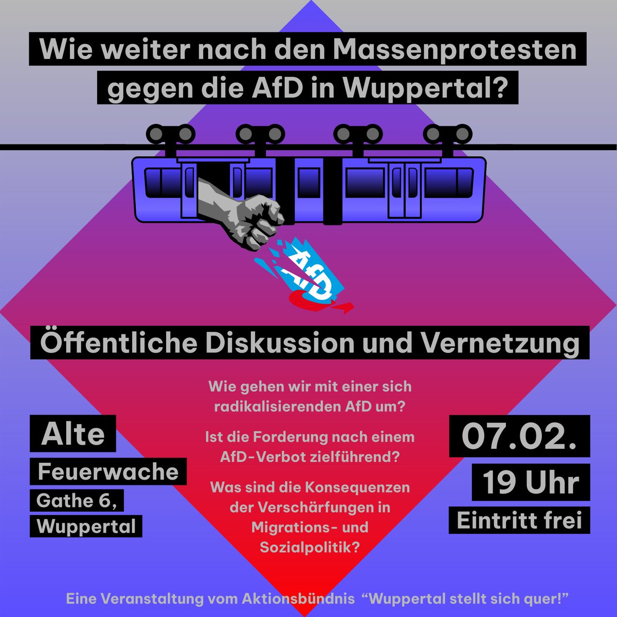 Wie weiter nach den Massenprotesten gegen die AfD in Wuppertal?

7.2.2024 19:00 Uhr
Alte Feuerwache Wuppertal
Gathe 6, 42107 Wuppertal

!B ⬇️