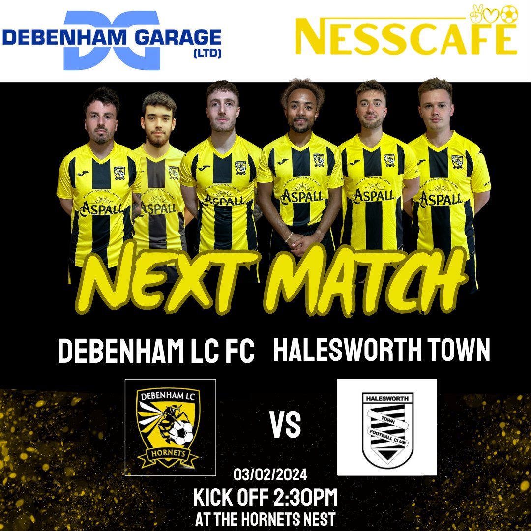 DebenhamLCFC's tweet photo. ⚽️🐝⚽️ Tomorrow's Games ⚽️🐝⚽️

The 1st team look to get 3 points at home against @HalesworthClub

🕝 2.30pm K.O.
📍 The Hornets Nest, IP14 6BL

The Reserves are off to add to their 10 game winning streak against @fc_samuels 

🕝 2.30pm K.O.
📍 Claydon Rec, IP6 0BP

#UpTheHornets https://t.co/WVd2XGM9e3