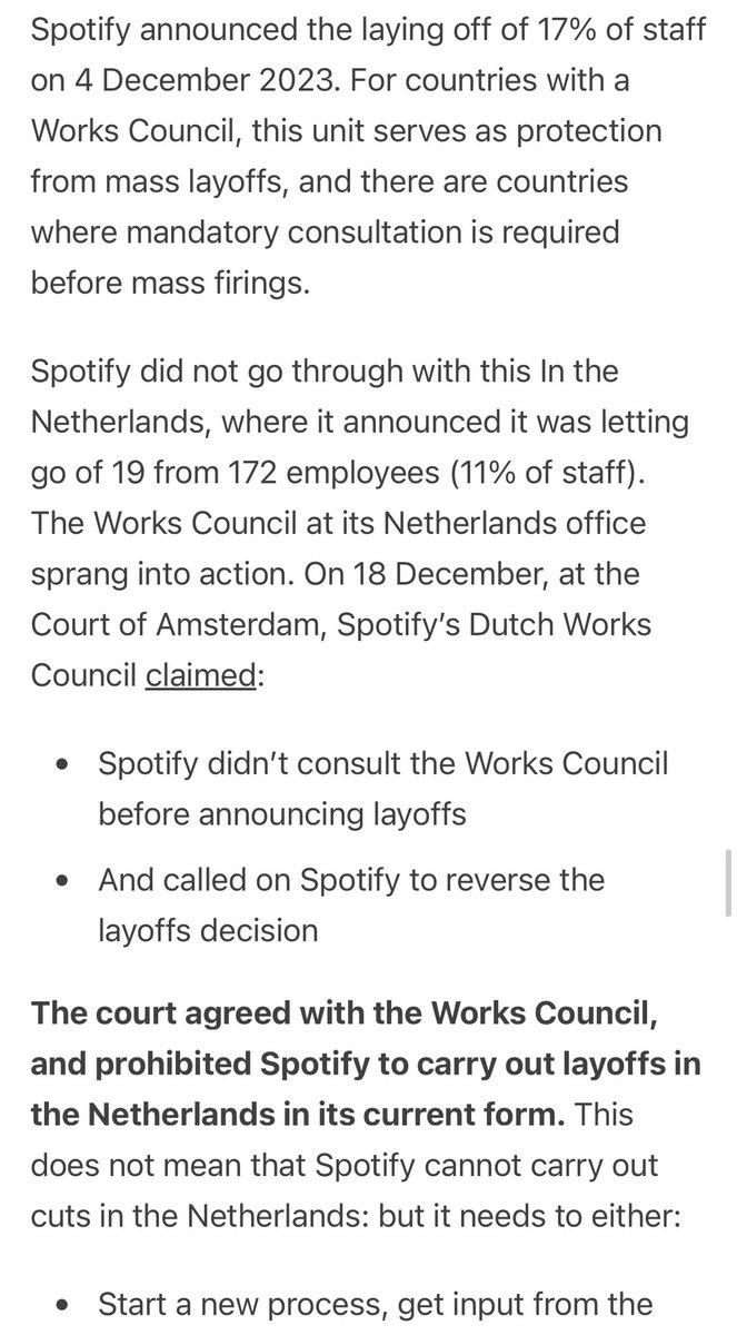 Gergely Orosz (@gergelyorosz) on Twitter photo Spotify wanted to lay off 11% of staff in the Netherlands, but didn’t follow the process required by local law, and was ordered to undo layoffs. The Works Council that was formed the spring of 2023 in this office is to thank for this outcome.
From <a href="/Pragmatic_Eng/">The Pragmatic Engineer</a>: Spotify wanted to lay off 11% of staff in the Netherlands, but didn’t follow the process required by local law, and was ordered to undo layoffs. The Works Council that was formed the spring of 2023 in this office is to thank for this outcome.
From <a href="/Pragmatic_Eng/">The Pragmatic Engineer</a>: