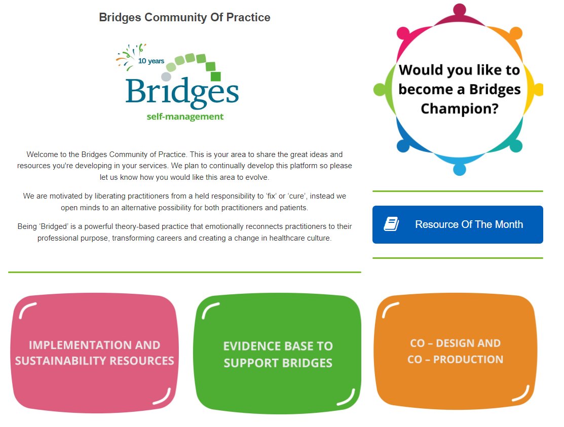 We are excited to launch our Bridges Community of Practice, full of resources for anyone that has been Bridges trained! It has resources on: 👉Implementation & Sustainability 👉Evidence base for Bridges 👉Co-Design & Co-Production 📧admin@bridgesselfmanagement.org.uk for access!
