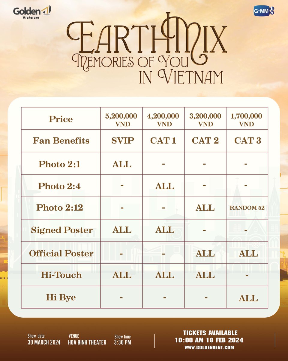 GMMTV's tweet photo. #EMMemoriesofYouinVN 
Begin with 'Wonderful Day', continue with 'Fly to the Moon' in order to create "Memories of You". 
As promise, let's gather again to meet Earth and Mix in Vietnam 

📣 EARTH MIX: MEMORIES OF YOU IN VIETNAM
🗓 30 March 2024
📍 Hoa Binh Theater
🎫 Ticket Available: 10 AM, 18 February 2024
🌏Website: https://t.co/FjDBLtf6Vq

🪐The fan benefits are also out now! Check it out!
Cheer up and get ready to grab a ticket for yourself.

#GMMTV
#GoldenAVietnam