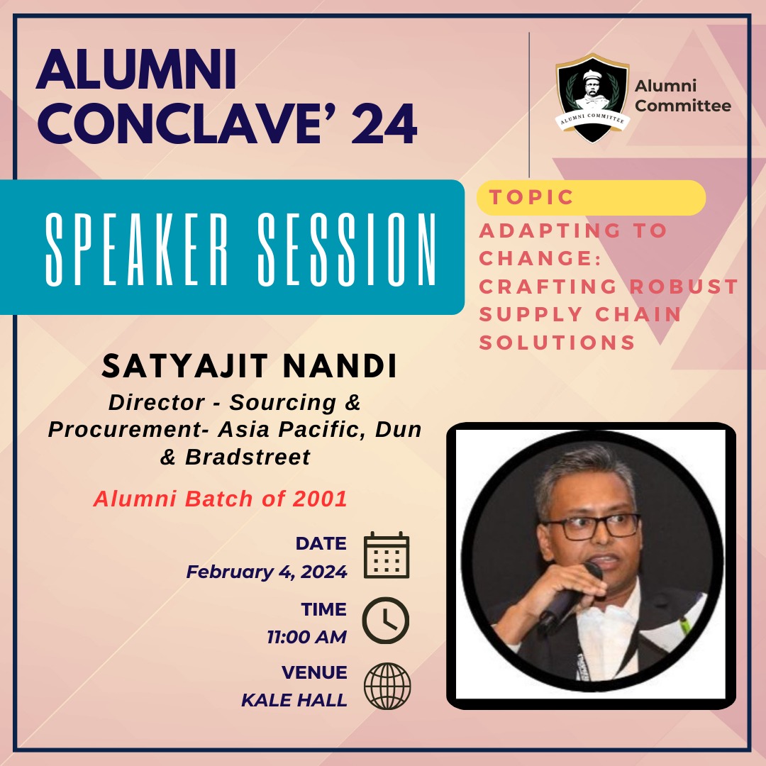 AlumniGipe's tweet photo. Join GIPE's Alumni Committee for a session led by esteemed alum Satyajit Nandi, Director of Sourcing &amp; Procurement, Asia Pacific at Dun &amp; Bradstreet. Gain insights on adapting to change, building resilience, and crafting robust supply chain solutions. Don't miss out! #GIPEAlumni https://t.co/5Uf67MJqwj