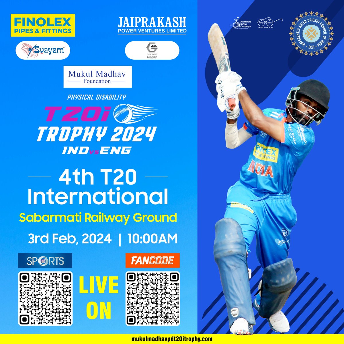 dcciofficial's tweet photo. Get ready for the 4th Match, IndVsEngT20I PD 2024 Series!  
Date: 3rd Feb | Time: 10:00am IST.  
Venue: Sabarmati Railway Ground  
Live on FANCODE/ DD SPORTS  

Let the cricket fever take over!   
#IndvsEngT20I #KhelengeJeeJaanSe #BCCI #Accessebilityforall #DCCI #DivyangCricket https://t.co/VeHv39nNeZ