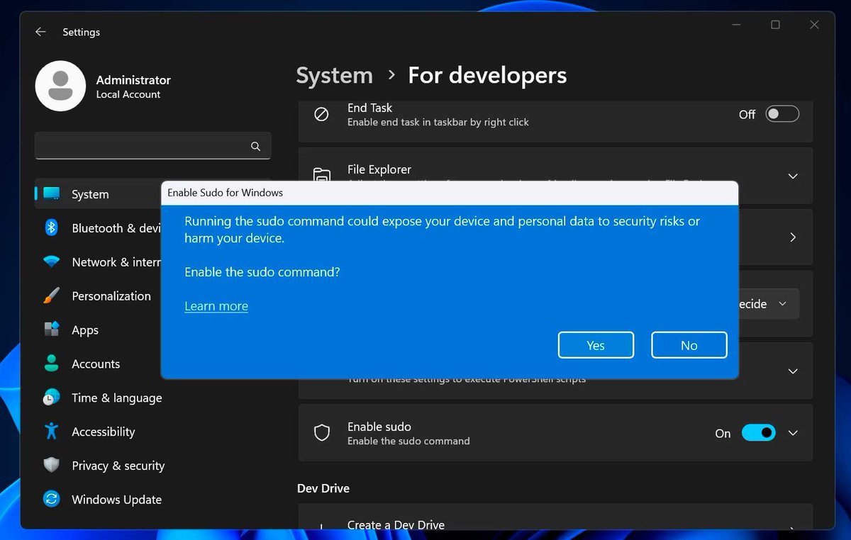 Microgate37's tweet photo. 🖥️ Nouveauté Windows 11 : l'arrivée de la commande 'sudo' pour simplifier les opérations à privilèges administratifs pour les développeurs. Un progrès notable dans l'écosystème Windows. Plus d'infos sous ce tweet ! #Windows11 #DevLife #TechUpdate https://t.co/uJhSnBCfMV