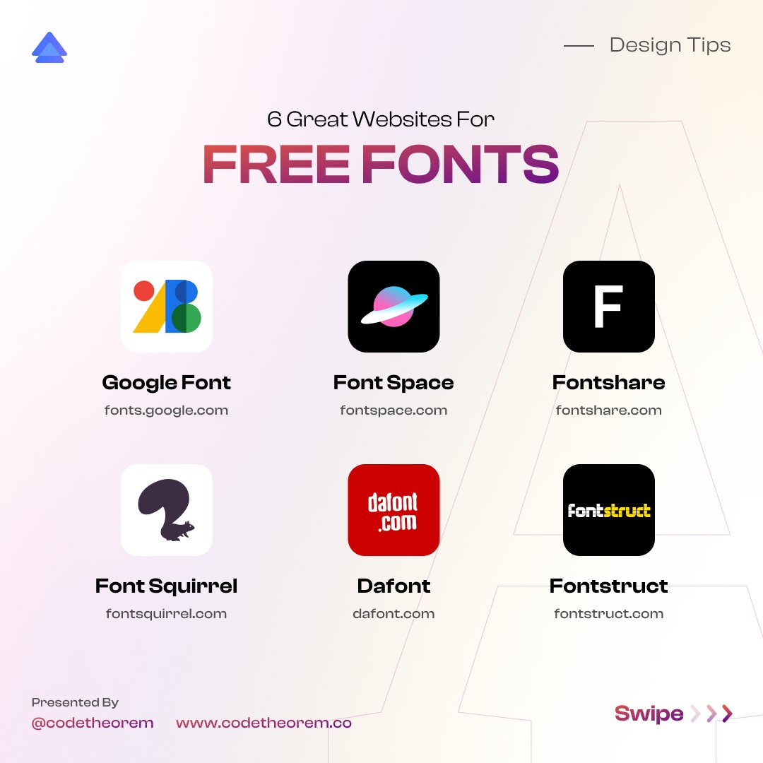 code_theorem's tweet image. Why stick to the basics when you can explore endless font possibilities?
Discover the best websites for free fonts and add a unique touch to your creations!
#UIUX #UiUxDesign #UiUxDesigner #UiDesign #UiTutorial #DesignFonts #UiTrends #FreeFonts #UiDesigner #UxDesign