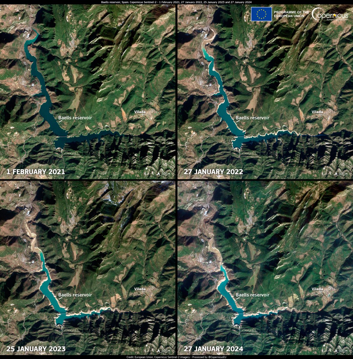 #ImageOfTheDay @govern has declared a 'drought emergency' in Catalonia due to the historic #drought affecting north-east Spain The decline of the Pantano de la Baells reservoir part of Ter Llobregat's freshwater supply system between 2021 & 2024 as seen by #Sentinel2🇪🇺🛰️