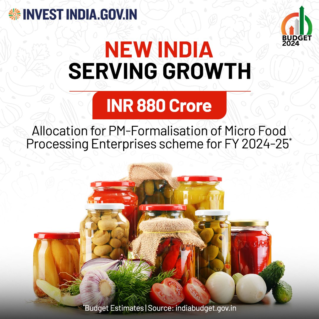 investindia's tweet photo. #Budget2024 fuels the growth of #MicroFoodProcessingEnterprises in India with a substantial outlay, carving a delectable path for a thriving future in food entrepreneurship. 🌽💼✨
Explore more about the sector at https://t.co/oUyUHLl3aC
#UnionBudget2024 #ViksitBharatBudget https://t.co/sGAI8KpmXj