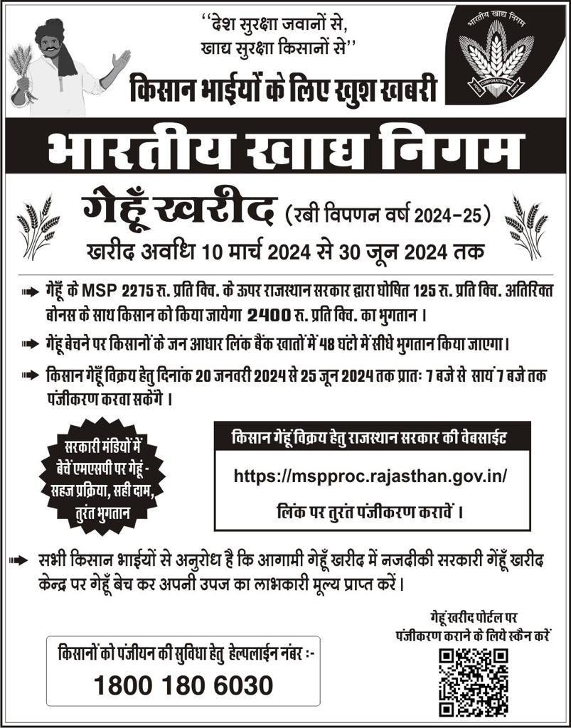 gmfci_rajasthan's tweet photo. भारतीय खाद्य निगम अन्य खरीद एजेंसियो के साथ राजस्थान क्षेत्र में रबी विपणन वर्ष 2024-25 के तहत दिनांक: 10 मार्च 2024 से समर्थन मूल्य पर गेहूं खरीद शुरू कर रही है | https://t.co/FvbpcSnNfy