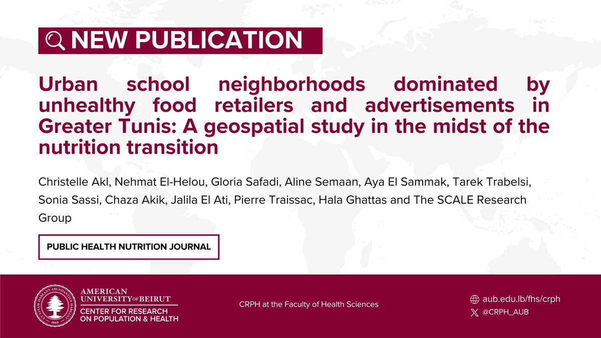 Our latest publication, part of the SCALE project conducted in Lebanon and Tunisia by @AUB &amp; <a href="/Institutdenutr1/">Institut National de Nutrition</a>, is out! 🌍 Read this article to know more how #GroundTruthing was used to explore the presence of unhealthy #FoodEnvironment around schools.

🔗 cambridge.org/core/journals/…