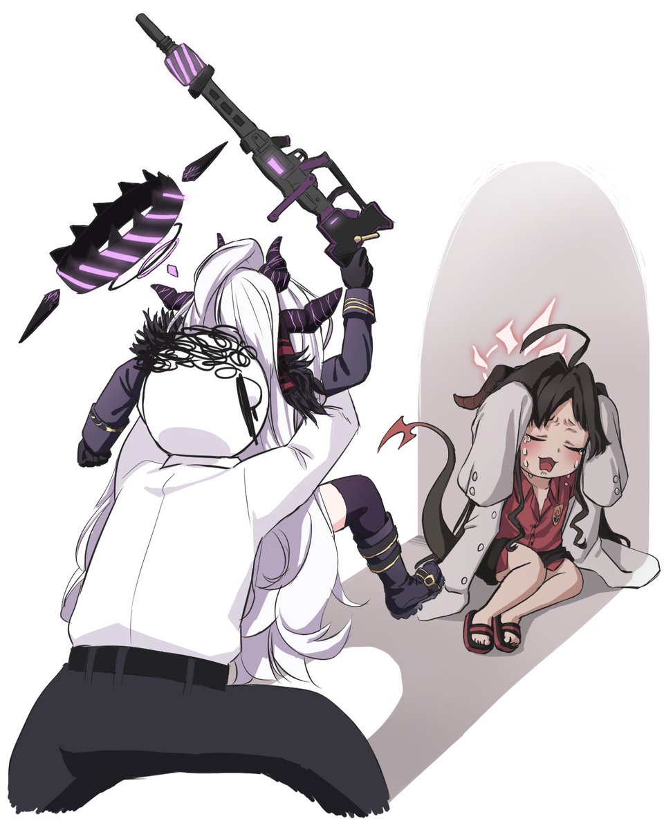 hina (blue archive) ,kasumi (blue archive) ,sensei (blue archive) horns multiple girls weapon demon horns gun 2girls long hair  illustration images