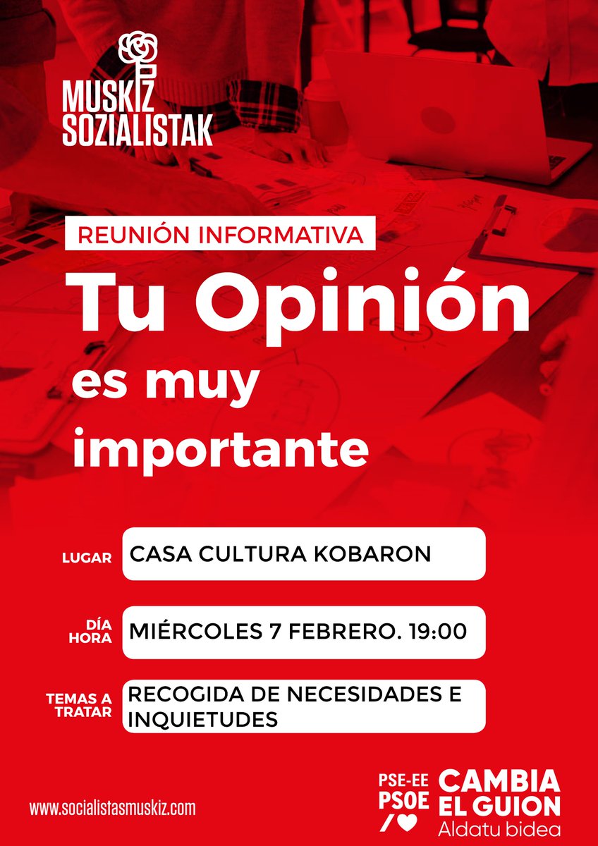 PSEMuskiz's tweet photo. A partir de este próximo miércoles, 7 de febrero, en Kobaron, iniciaremos, junto con el Grupo Municipal Socialista, una serie de reuniones con vocación anual en los barrios para recoger las necesidades e inquietudes de la vecindad y también para resolver cualquier duda. https://t.co/kakzrqG8wl