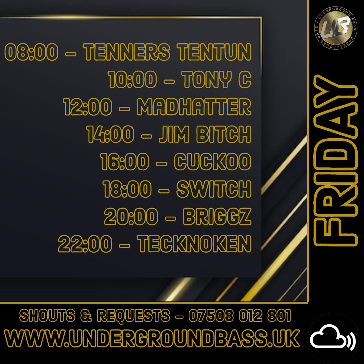 Catch me at 10am this morning 😎 undergroundbass.uk 

Full lineup today - Friday Crew ✌️
🩷❤️🧡💛💚🩵💙💜🖤🩶🤍🤎
#undergroundbass