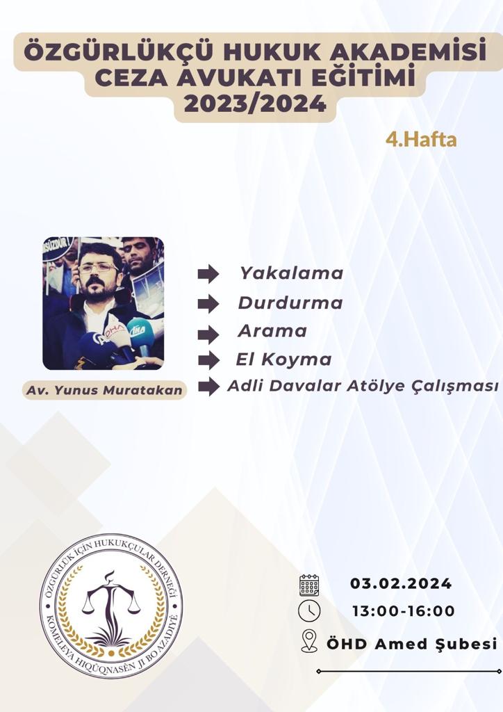 Özgürlükçü Hukuk Akademisi Ceza Avukatı Eğitimi, Avukat Yunus Muratakan'ın sunumuyla 4. haftasında devam ediyor. Bütün avukat, stajyer ve 4. sınıf hukuk öğrencilerini bekliyoruz.🪻