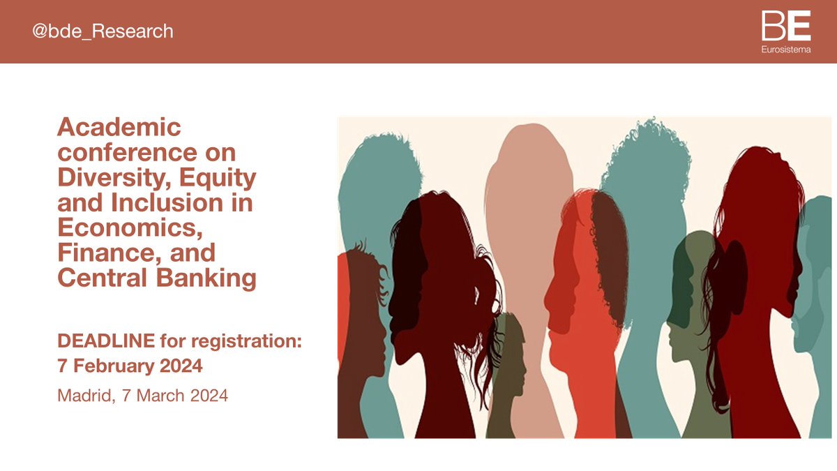 The 5th conference on Diversity, Equity and Inclusion in Economics, Finance, and Central Banking will be held in Madrid in person on March 7-8, 2024. Please register by February 7 for the academic conference at: bde.es/eventos/en/div…  #bdeResearch 1/2