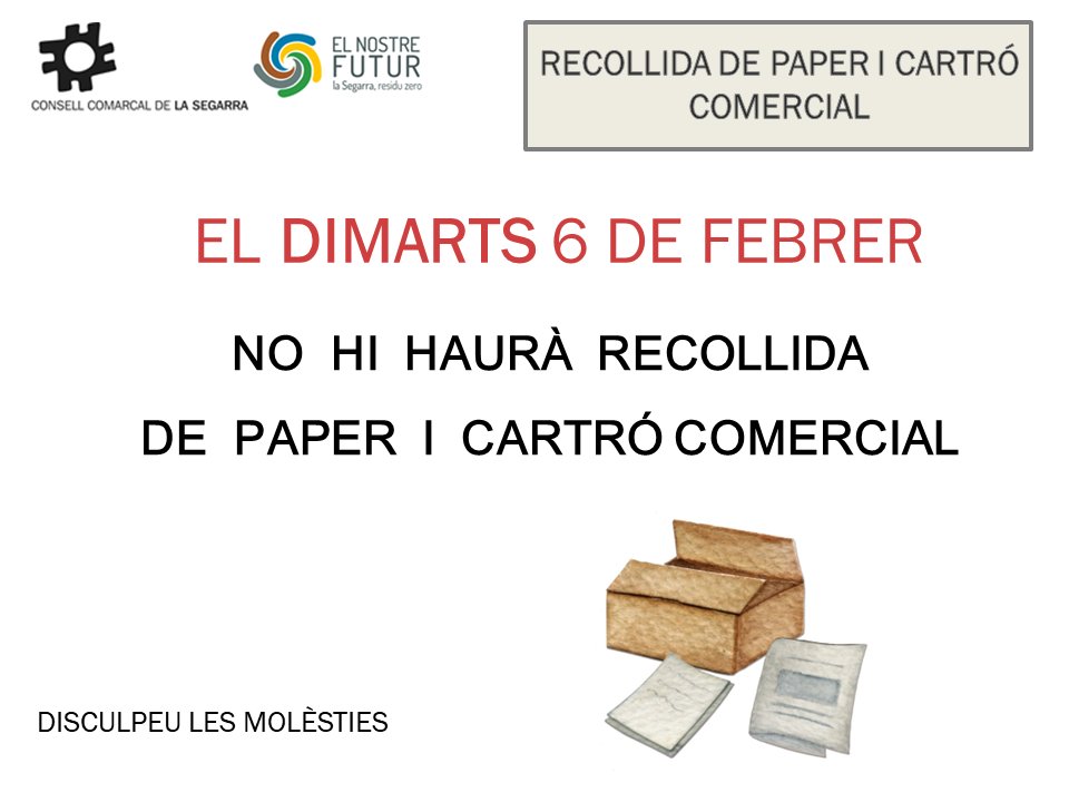 Ajuntament Torà (@ajuntamenttora) on Twitter photo 📢Dimarts 6 de febrer NO hi haurà recollida de cartró comercial a Torà amb motiu de la Festa Major d'hivern a Cervera <a href="/residussegarra/">Segarraresiduszero</a> 📢Dimarts 6 de febrer NO hi haurà recollida de cartró comercial a Torà amb motiu de la Festa Major d'hivern a Cervera <a href="/residussegarra/">Segarraresiduszero</a>