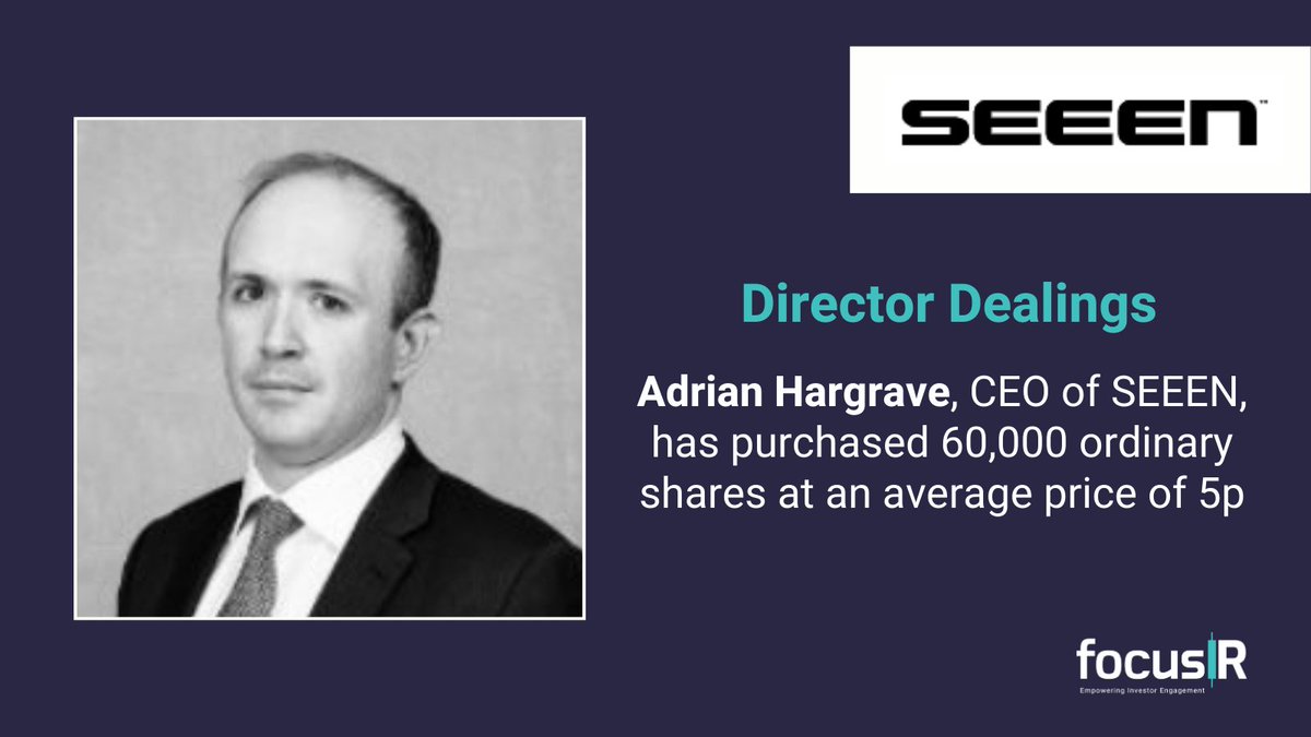_focusIR_'s tweet photo. Directors Dealings: Adrian Hargrave, CEO of @getseen , purchases 60,000 shares at 5p and transfers 150,000 Ordinary Shares to employees at 2p. Resulting holding 1.13%.
#DirectorDealing #Inivesting #SEEEN #AdTech #VideoCommerce https://t.co/pk4VBeo95r