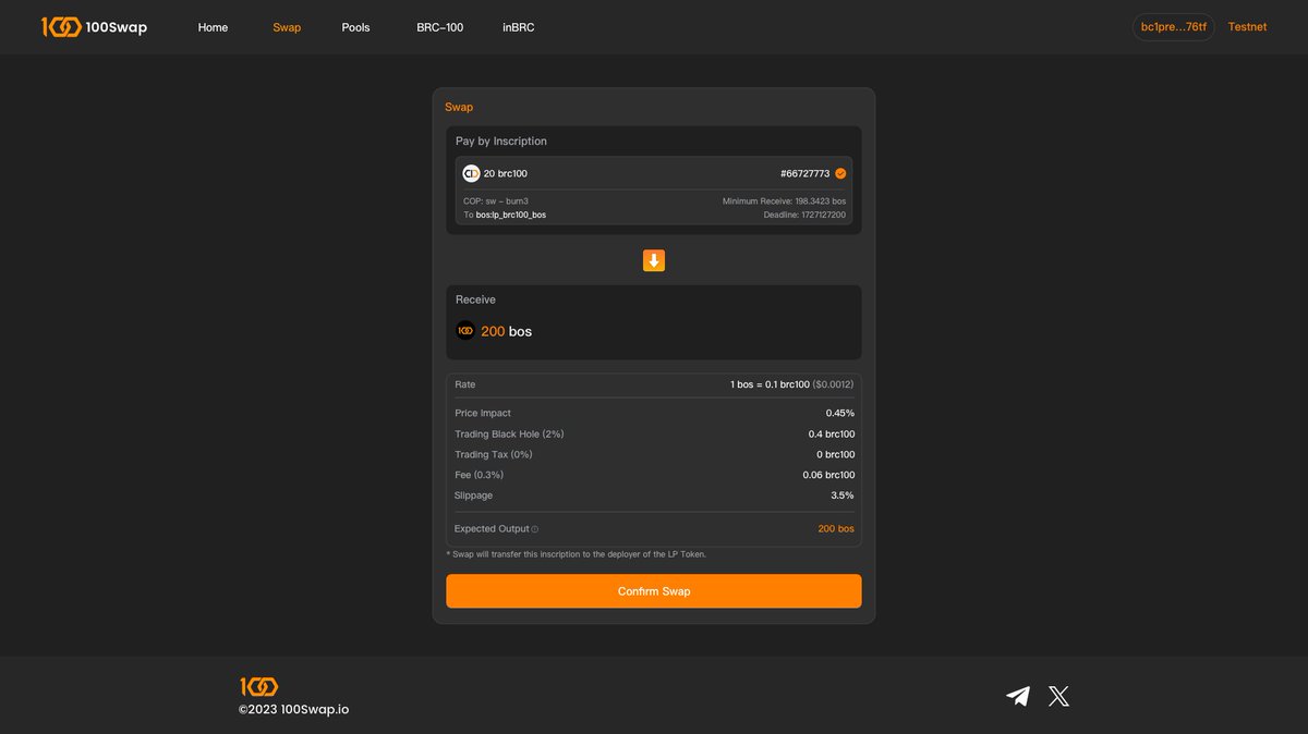 100Swap_io's tweet photo. #100Swap DApp is on the way.

#100Swap is the first automated market maker (AMM) #inscription decentralized exchange based on #BRC100 protocol @MikaelBTC
Get ready to use the decentralized, trustless, self-custody, and censorship-resistant swap based on #Bitcoin Layer 1. https://t.co/lPSiAInhoz