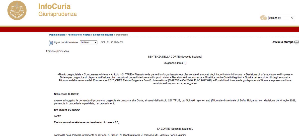 labour_lawyers's tweet photo. CGUE, causa C‑438/22, 25 gennaio 2024: una normativa nazionale che non consente all’#avvocato e al #cliente di pattuire un #compenso inferiore all’importo minimo fissato da un regolamento è contraria all'art. 101, paragrafo 1, del TFUE->https://t.co/5fptbEF5Pz https://t.co/OMJmRtOiHf