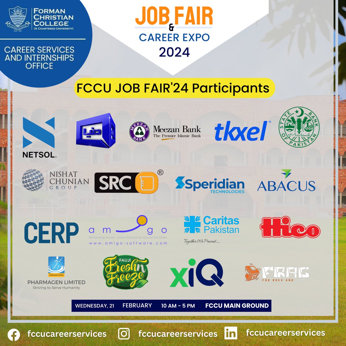 FCCollege's tweet photo. Welcome to FCCU Job Fair' 24 
We Welcome our participants.
Join us on Wednesday, 21 Feb, 2024.
Explore top career opportunities across various sectors and connect with top employers. 
Grow your career by networking with top professionals and avail opportunities for growth.

#FCCU https://t.co/2snRjDwQIs