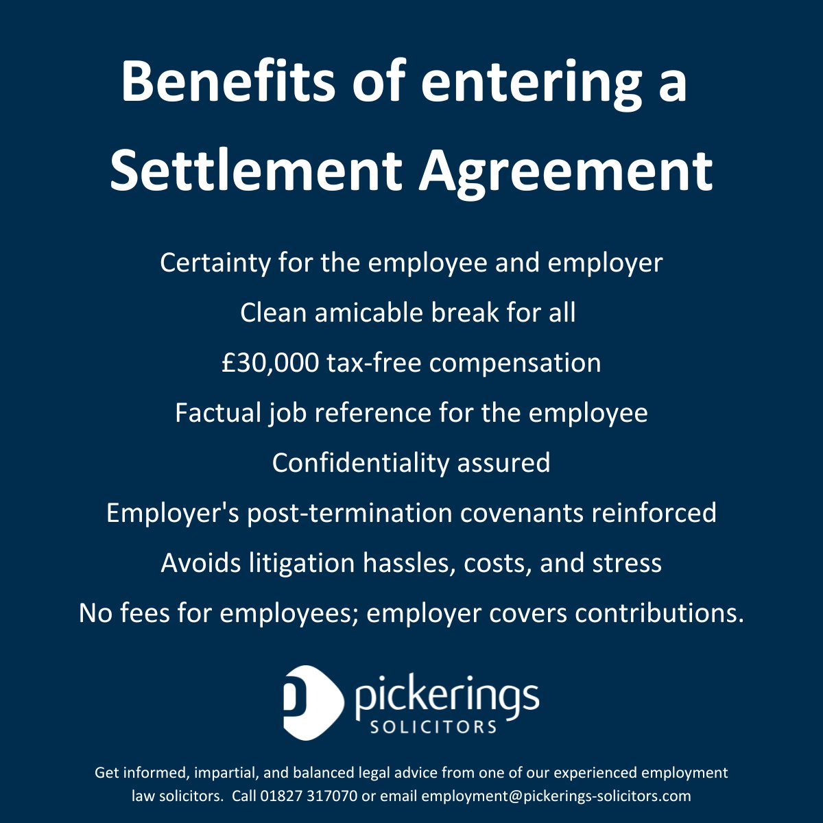 Need help with a Settlement Agreement?

We offer a same day certification.

🌐 rb.gy/8nljs3
📞 01827 317070
📧employment@pickerings-solicitors.com

#settlementagreements #LegalGuidance #HR #hrchallenges #legalsupport