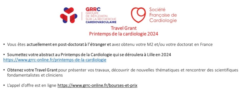 Réseau Avenir GRRC (@ra_grrc) on Twitter photo Travel grant available for the next Printemps de la Cardiologie in Lille (July 1-3, 2024)
<a href="/GRRC_SFCardio/">GRRC -French community in cardiovascular research</a> <a href="/SFCardio/">SFC - Société Française de Cardiologie</a> Travel grant available for the next Printemps de la Cardiologie in Lille (July 1-3, 2024)
<a href="/GRRC_SFCardio/">GRRC -French community in cardiovascular research</a> <a href="/SFCardio/">SFC - Société Française de Cardiologie</a>
