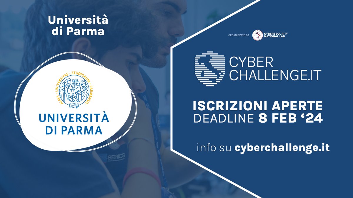 Cybersecurity National Lab (@cybersecnatlab) on Twitter photo ๐ก๏ธ <a href="/unipr/">Universitร di Parma</a> partecipa a CyberChallengeIT programma gratuito di formazione in cybersecurity per studentesse e studenti tra i 16 e i 24 anni.
๐
Deadline iscrizioni: 8 feb 2024
#๏ธโฃ #CCIT24 #CyberChallengeIT #cybersecurity
๐ cyberchallenge.it ๐ก๏ธ <a href="/unipr/">Universitร di Parma</a> partecipa a CyberChallengeIT programma gratuito di formazione in cybersecurity per studentesse e studenti tra i 16 e i 24 anni.
๐
Deadline iscrizioni: 8 feb 2024
#๏ธโฃ #CCIT24 #CyberChallengeIT #cybersecurity
๐ cyberchallenge.it
