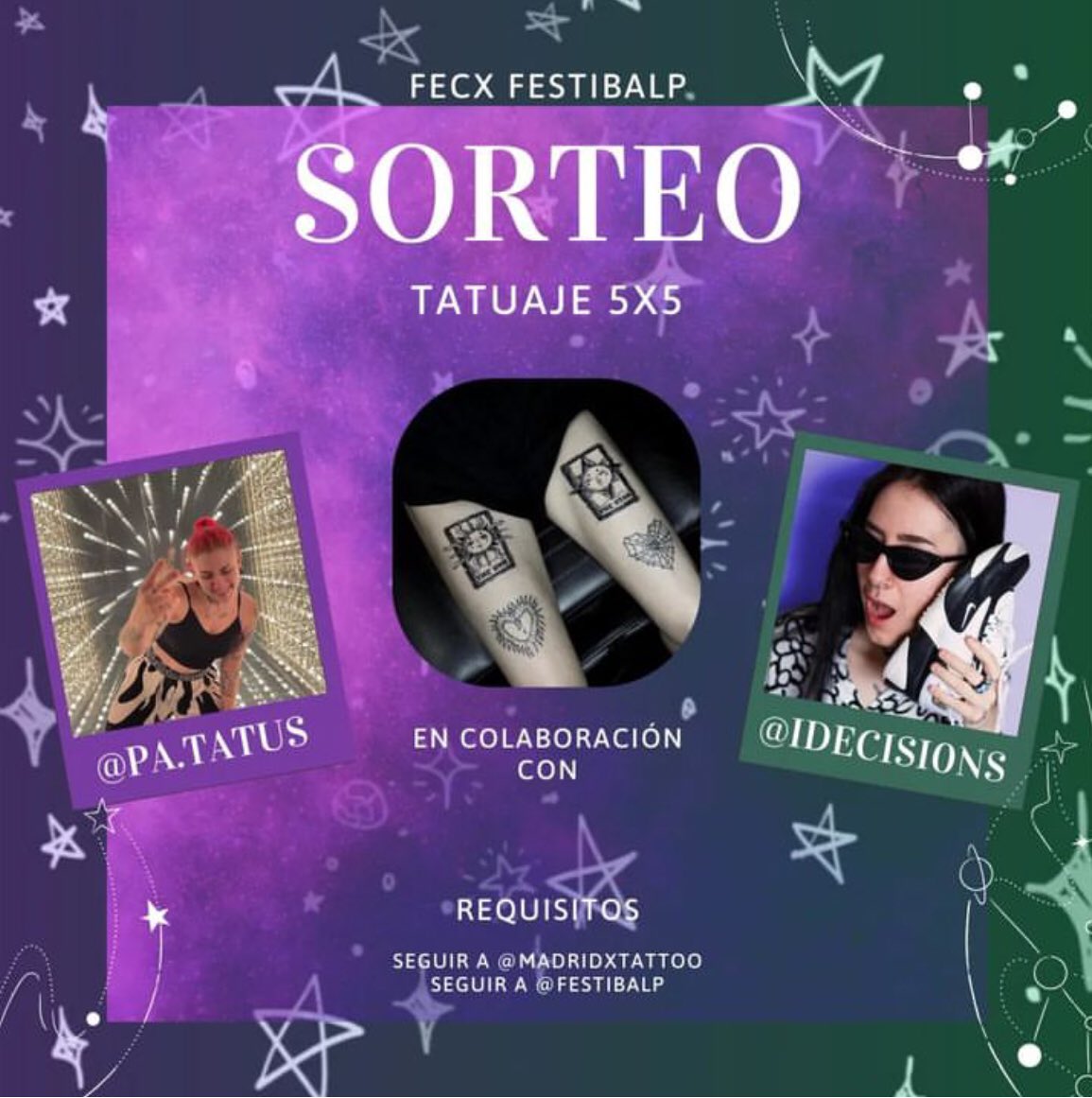 Desde ayer, 1 de febrero, ya tenéis a la venta las papeletas para el sorteo del tatuaje de la mano de MadridxTattoo

📍Hall IES Puerta Bonita
🕒 10:20 a 11:45

El ganador/a del sorteo se anunciará el 14 de febrero a través de nuestro instagram.

#sorteo #tatuaje #festibalp