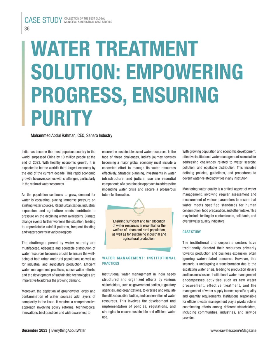 Mohammed Abdul Rahman, CEO, @SaharaIndustry discusses water challenges in his article titled 'Water Treatment Solution: Empowering Progress, Ensuring Purity' published in @EA_Water
#water #watermanagement #watertreatment #watertreatmentsolutions #watertreatmentsystem #waterislife
