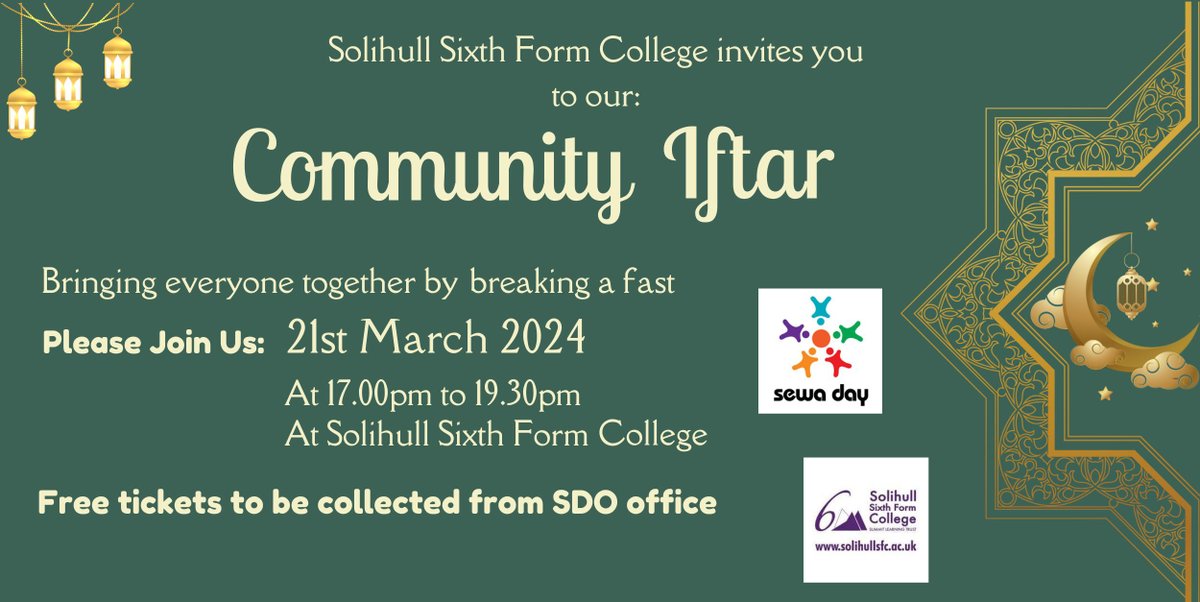 Our Community Iftar is on Thursday 21 March from 5.00 – 7.30pm, bringing together our community as the Ramadan fast is broken. Tickets are free, but spaces are limited. Get your tickets in advance from the SDO office. We will be raising money for @SewadayWM at the event.