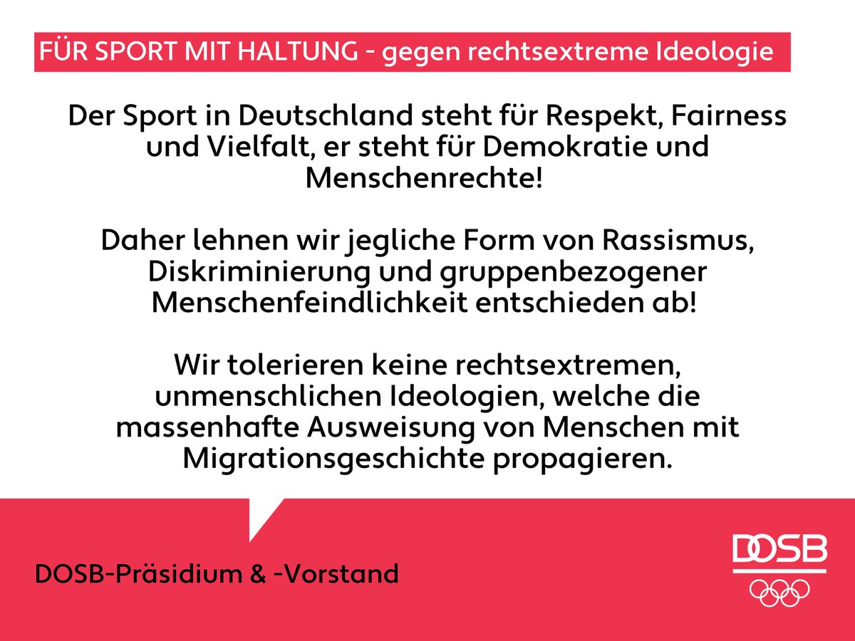 "Es liegt jetzt an uns, Tag für Tag für unsere freiheitlich-demokratische Grundordnung einzustehen, egal ob im Sportverein, im Alltag, am Arbeitsplatz, bei den Demonstrationen auf der Straße oder demnächst an den Wahlurnen."
 
Zum ganzen Statement 👇

dosb.de/sonderseiten/n…