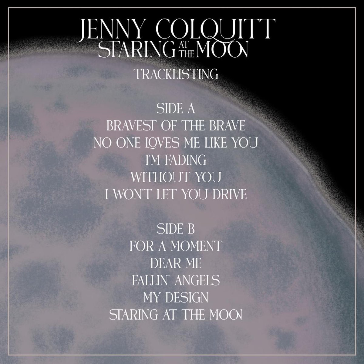 Hello all! I'm so excited to let you know that my new album Staring at the Moon will be with you on the 3rd May and is available for pre-order on Bandcamp FROM NOW! I'm also super excited to be able to reveal the tracklisting to you :) jennycolquitt.bandcamp.com/album/staring-…