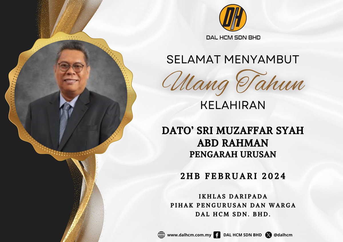 Selamat Menyambut Ulang Tahun, YBhg. Dato' Sri Muzaffar Syah, Pengarah Urusan <a href="/Roadcare_HQ/">ROADCARE (M) SDN BHD</a> 

Semoga Dato' Sri dikurniakan kesihatan yang baik, dimurahkan rezeki, dan terus cemerlang dalam setiap perkhidmatan yang diberikan.

Ikhlas,
Team DAL HCM