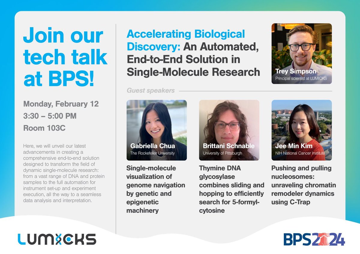 Our team at LUMICKS will be at the Biophysical Society (BPS) conference in Philadelphia, Pennsylvania on February 10 - 14, 2024. Join us for our presentation by @Trey Simpson on Monday, February 12th at 15:30 - 17:00. Come and meet us at booth #500! bit.ly/3HKY75w